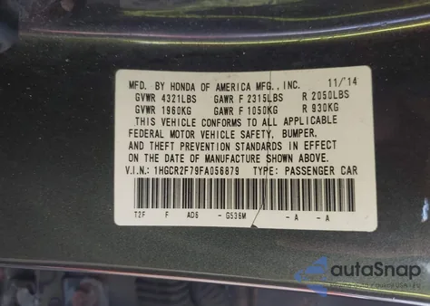 2015 Honda Accord Ex из США, поврежденный, VIN 1HGCR2F79FA056879